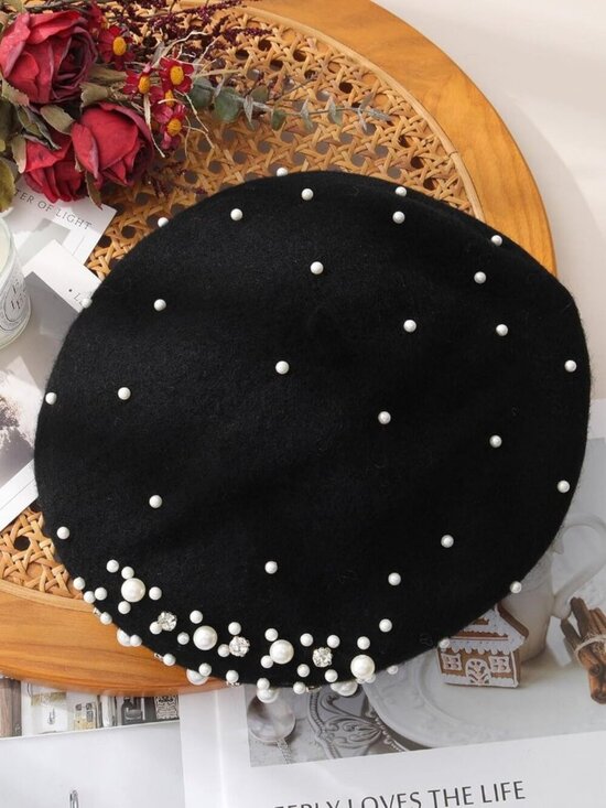 Women\'s Classic French Wool Beret with Pearl Rhinestone Embellishment Hat Black main image 4